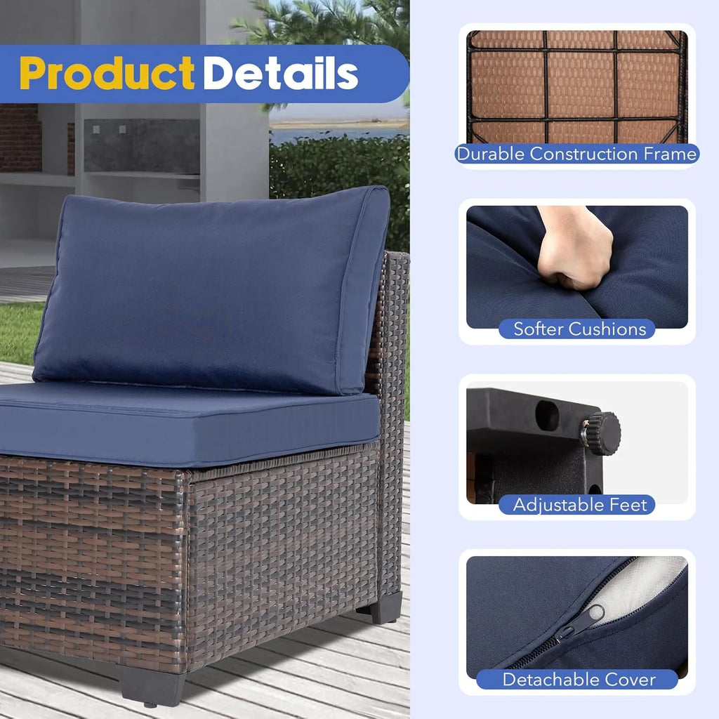 Salon de jardin Ainfox 7 pièces en promotion, canapé en rotin gris avec coussins gris