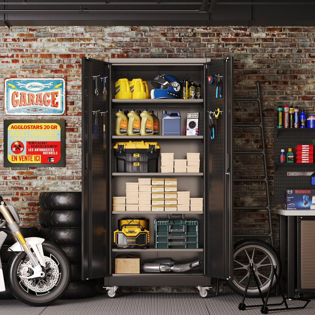 SUPEER Armoires de rangement métalliques à roulettes avec portes verrouillables et 5 étagères réglables, Armoire de rangement en acier pour garage, bureau, salle de classe, Assemblage requis(Noir)