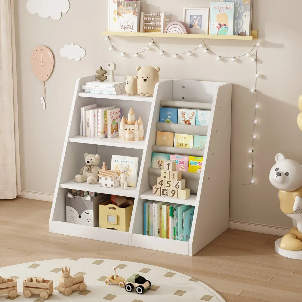IVV Bibliothèque Montessori pour enfants, Bibliothèque moderne en bois à 4 niveaux, Étagère à livres et jouets pour enfants, Support d’étagère en tissu, Pour salle de classe, chambre, chambre de bébé ou salle de jeux (Rose)