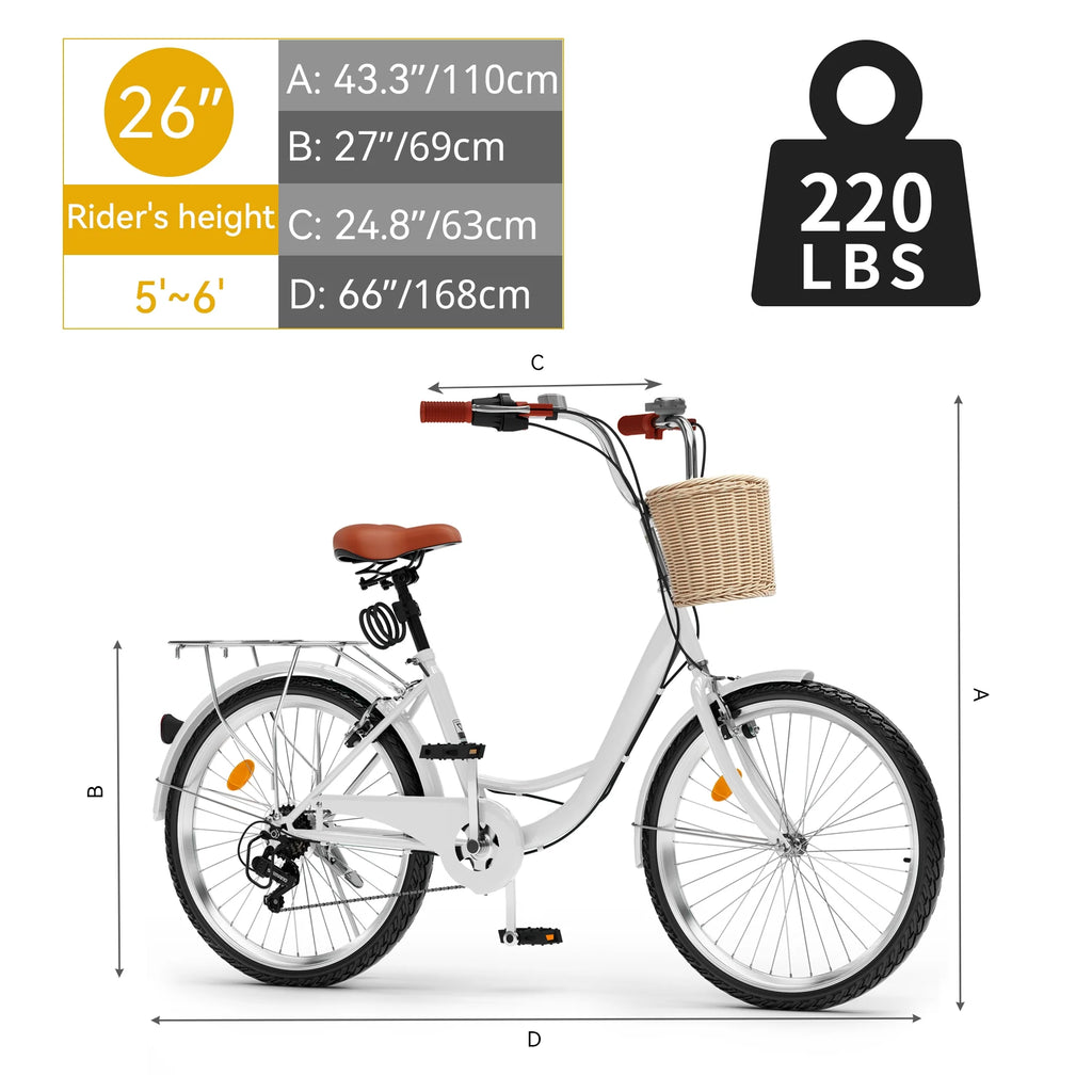 Vélo de plage Dextrus 26 pouces pour femme - Vélo urbain 7 vitesses pour adultes - Vélo pour femme avec selle réglable en blanc