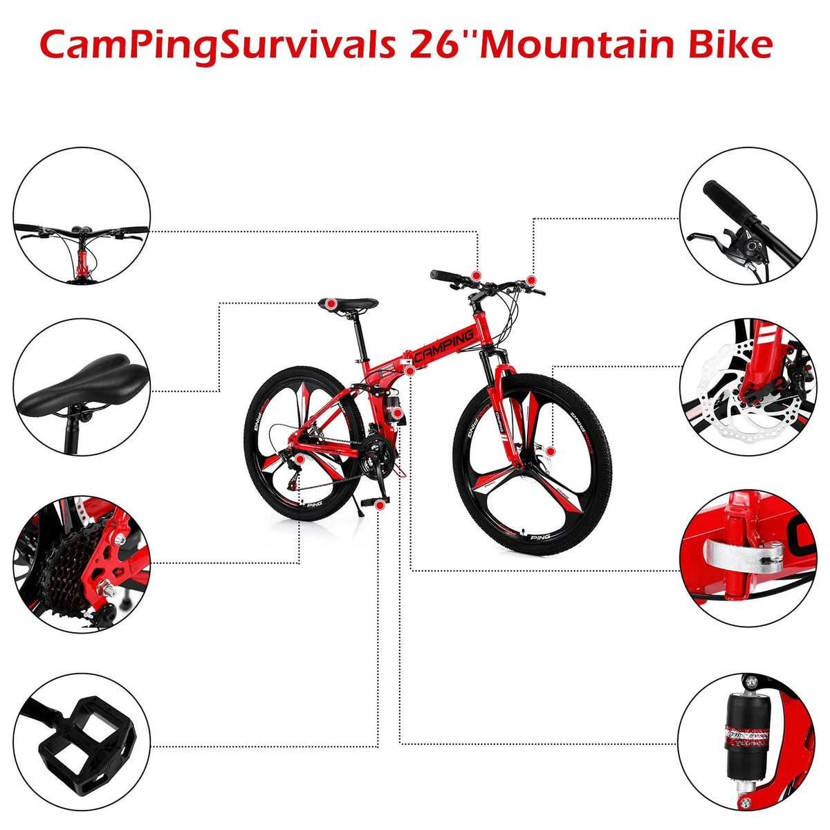 Vélo tout-terrain pliable Zimtown 26, vélo VTT Shimano 21 vitesses pour adultes, noir