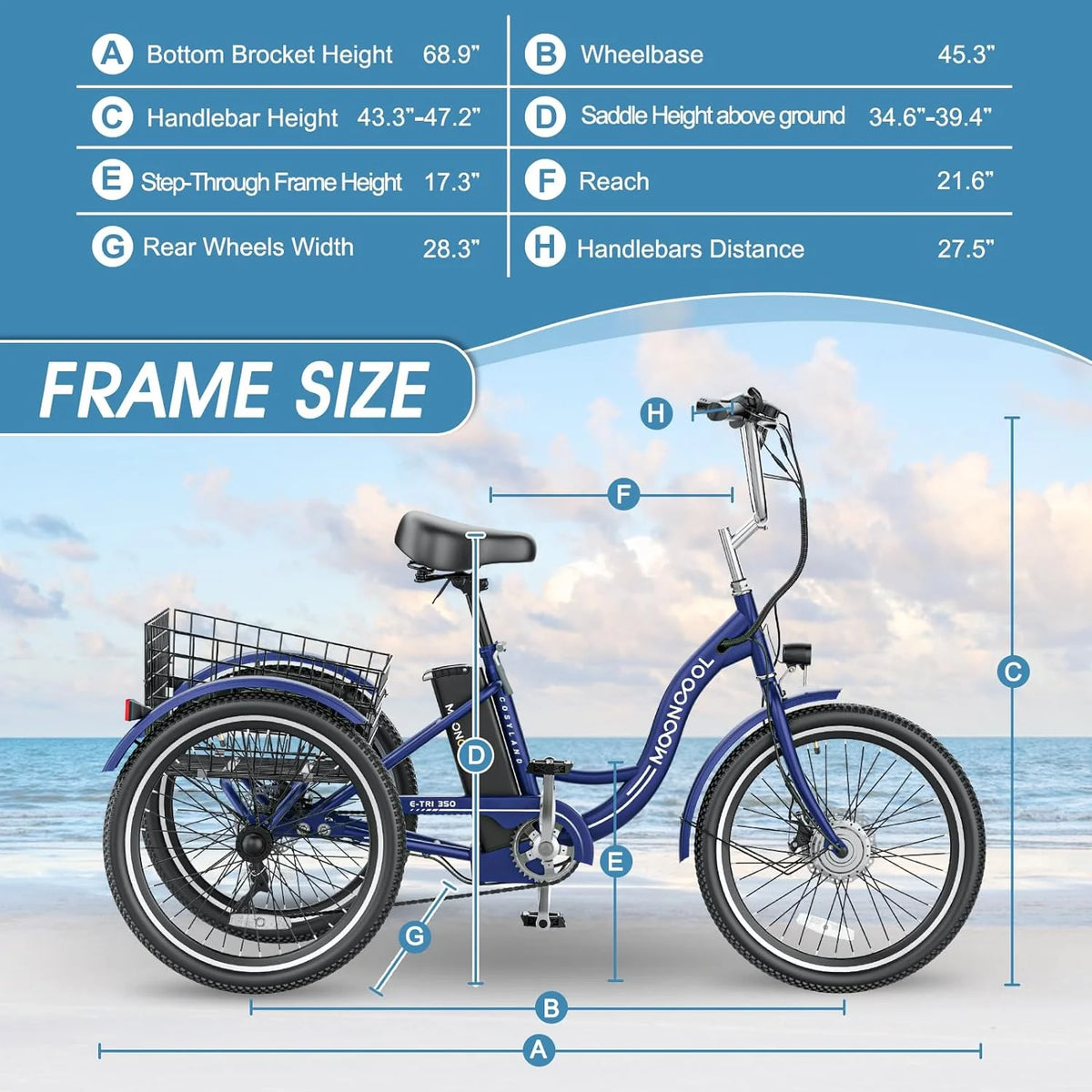 Tricycles électriques ABORON 24 26, batterie au lithium 36 V 10 Ah 350 W, triporteur électrique 7 vitesses pour adultes avec grand panier arrière et siège réglable