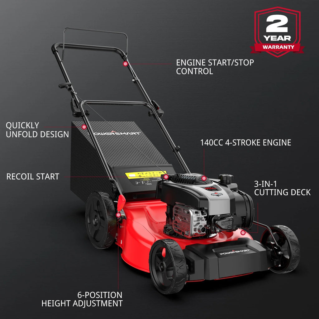 Tondeuse à gazon autotractée PowerSmart 21 pouces, moteur 4 temps B&S 140 cc, fonction 2-en-1 avec ramassage