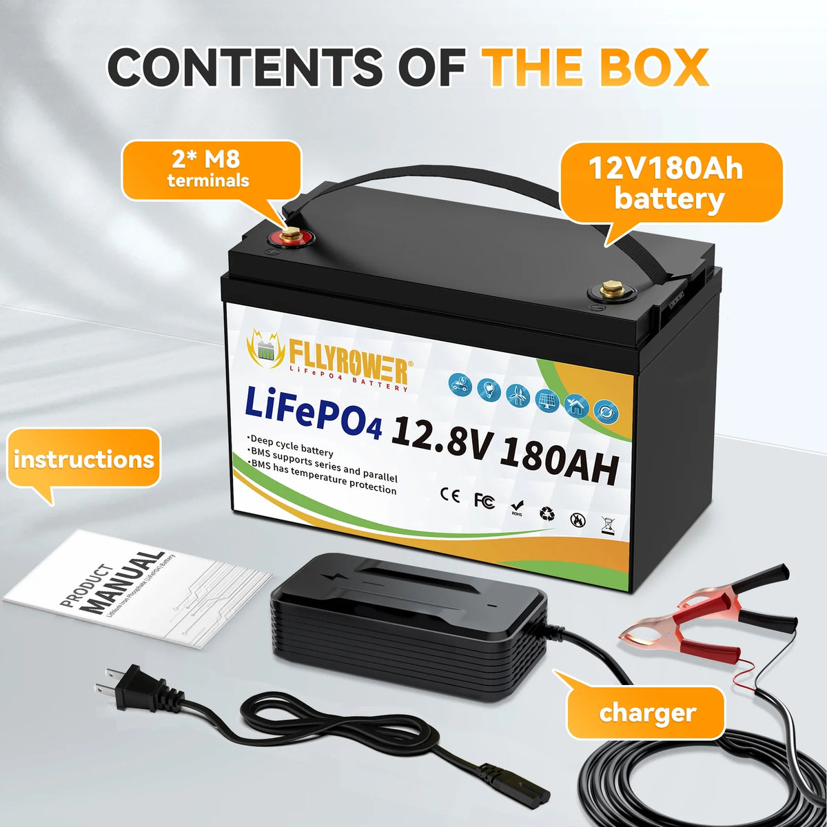 Batterie LiFePO4 12V 180Ah avec Chargeur,pour Moteur électrique Camping-car Marine Solaire Hors réseau Bateau,Batteries 15000+ Cycles profonds