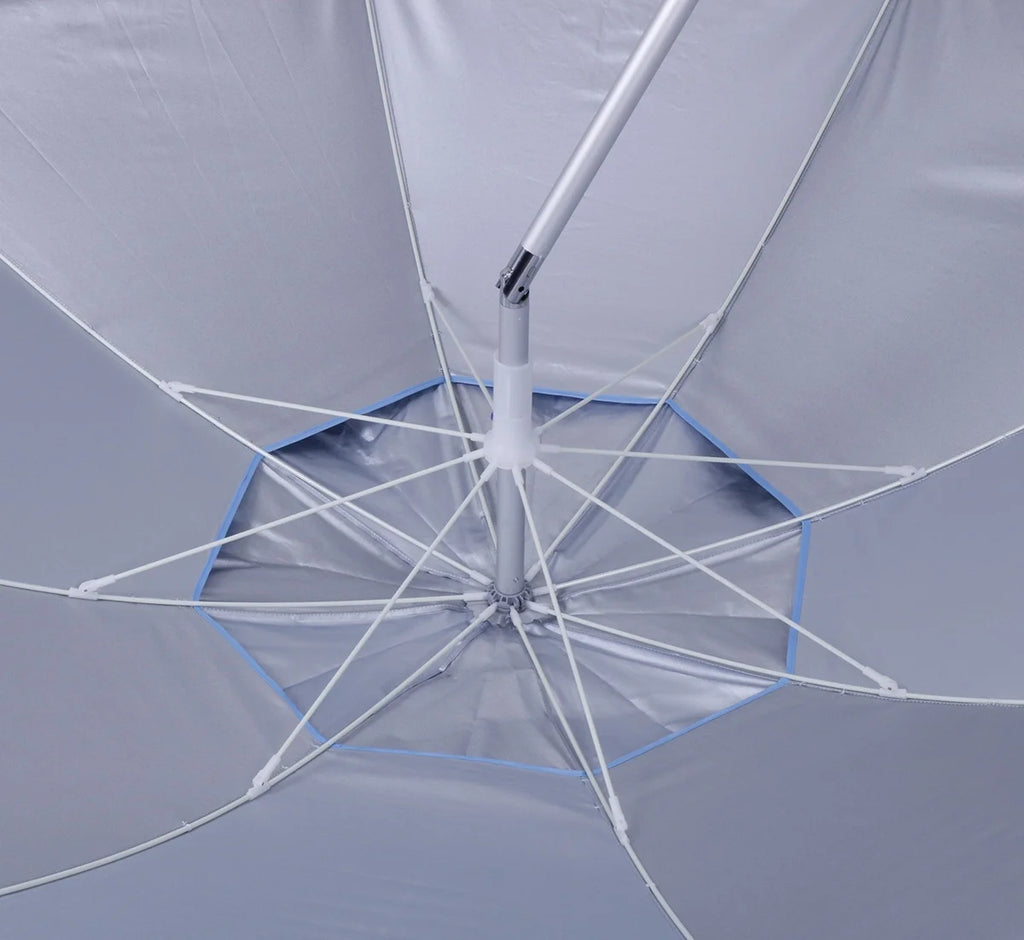 Parasol de plage Tommy Bahama en fibre de verre de 7 pi pour sable avec pied pliant à ancrage, table intégrée, mât télescopique en aluminium, FPF 50+, inclinable