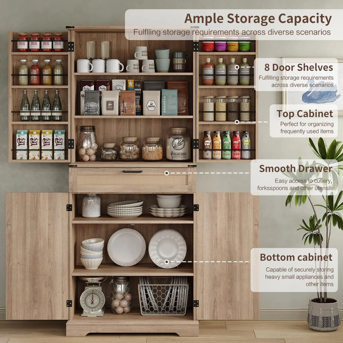 FUSOU Armoire de rangement de cuisine 72'', Armoire haute avec 8 étagères de porte, 2 placards et 1 tiroir, Meuble autoportant pour cuisine, salle à manger, salle de bain, buanderie