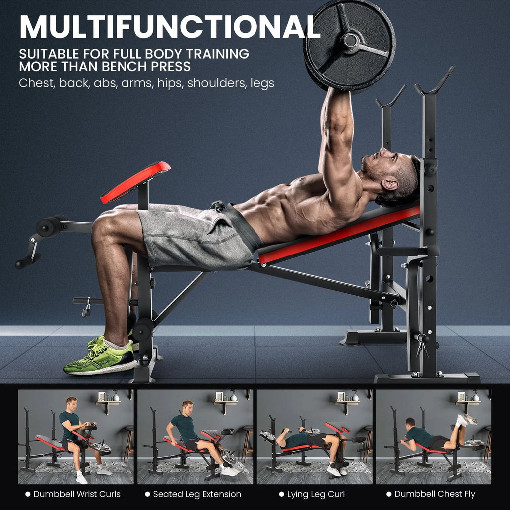 VIBESPARK Banc de musculation réglable 600 lbs Ensemble de banc de musculation pliable 5-en-1 avec Rack à barre, Extension jambes, Pupitre à biceps, Accessoire d'écarté aux haltères, Banc de musculation multifonction