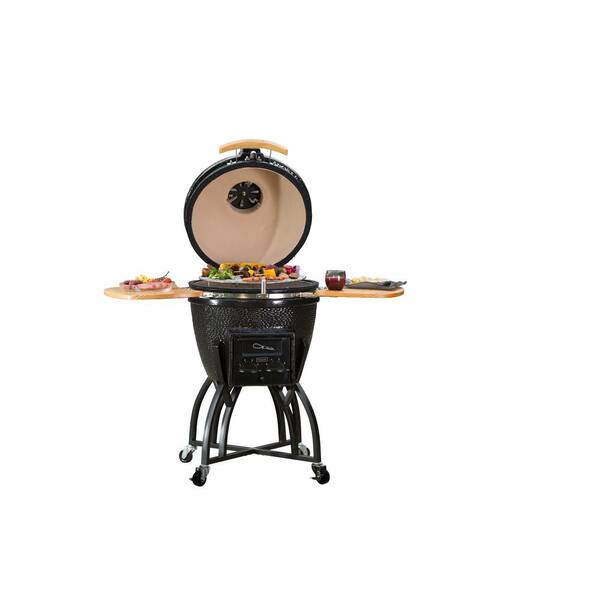Barbecue à charbon en céramique Kamado Série S de 22 po, noir, avec couvercle, chariot, étagères latérales, deux grilles de cuisson et tiroir à cendres