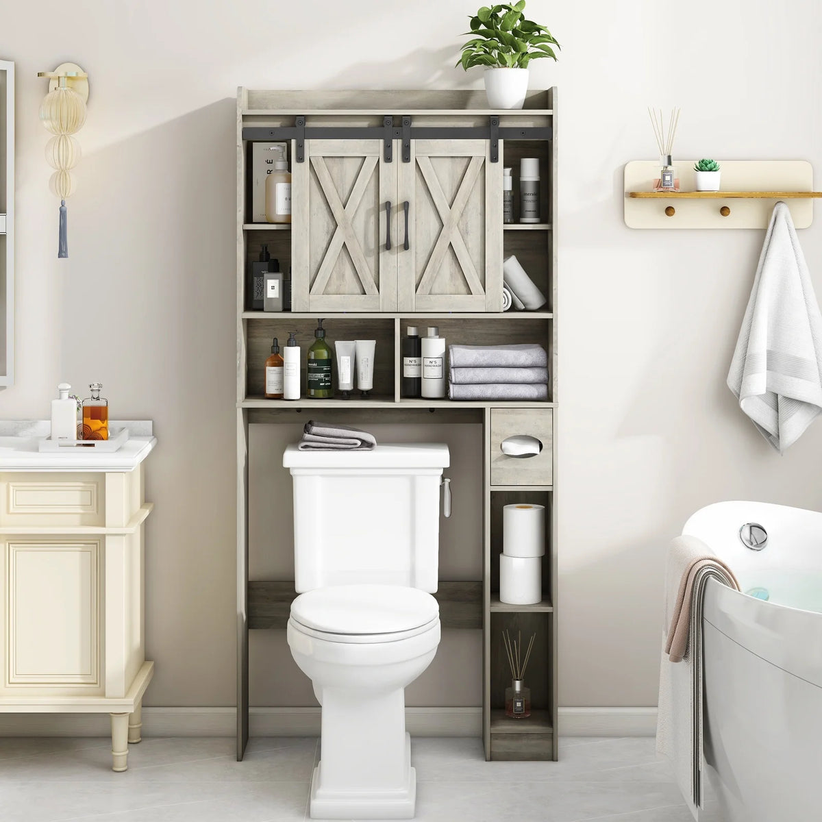Meuble de rangement au-dessus des toilettes, meuble de rangement de style maisonnette au-dessus des toilettes avec portes coulissantesÉtagère de rangement gain de place pour toilettes, pour salle de bains, toilettes, buanderie