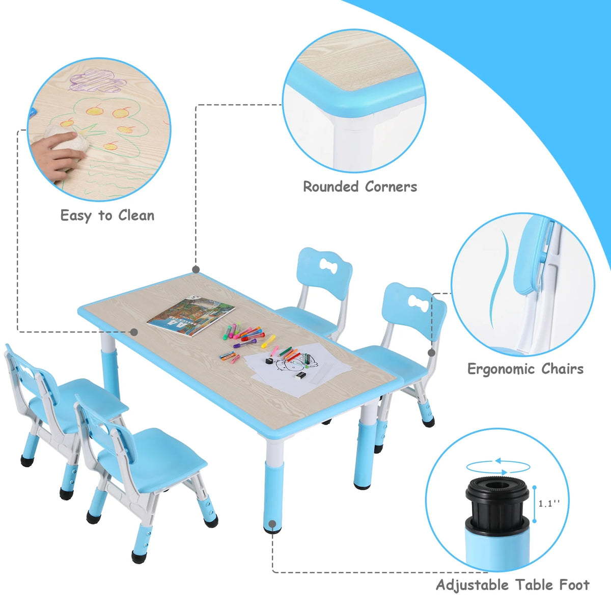Ensemble table et 4 chaises pour enfants LAZY BUDDY, bureau réglable en hauteur pour tout-petits avec plateau graffiti, ensemble de table d’activités pour enfants pour crèche et maison