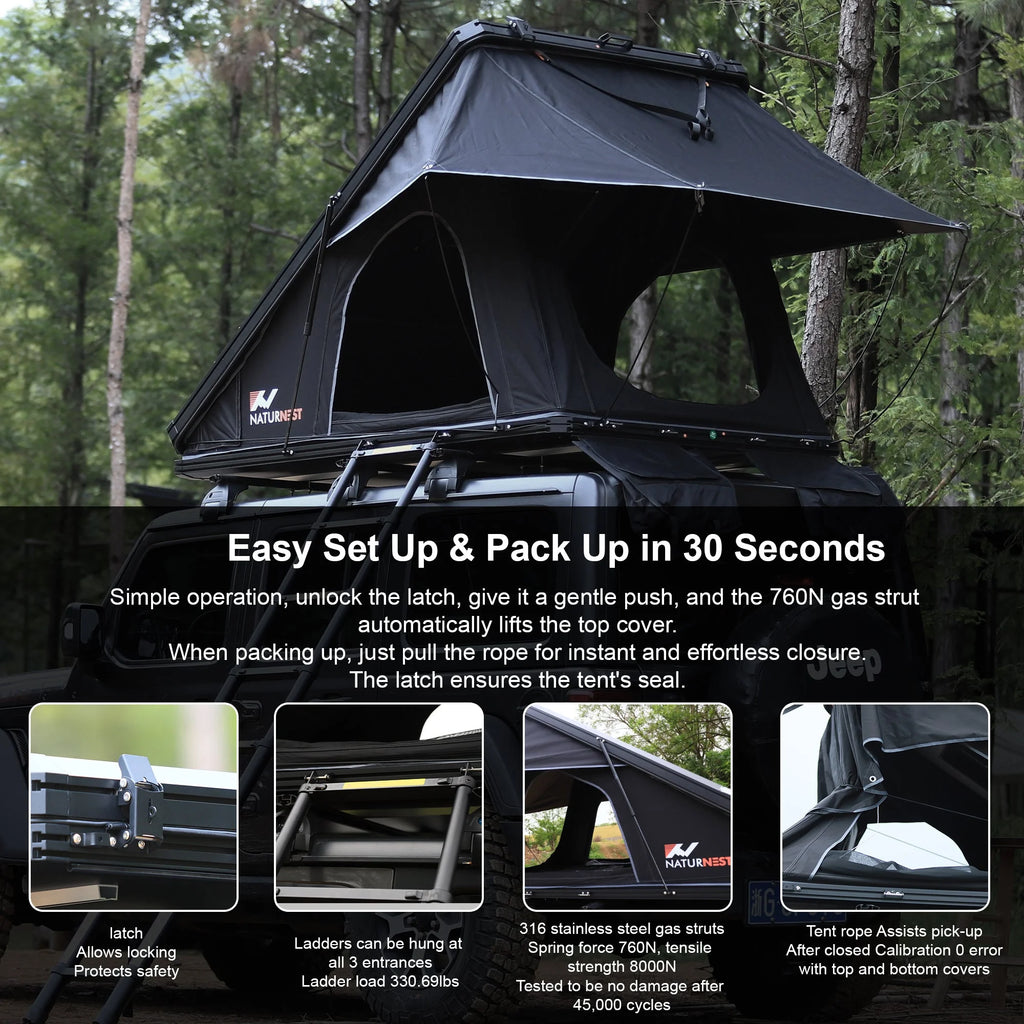 Tente de toit rigide Naturnest Polaris2 avec 2 porte-bagages, tente de toit pour voiture avec entrées d’air conditionné, éclairage LED 3 couleurs et prise USB interne pour fourgonnettes, jeeps, SUV et camions, tente pour 2 à 3 personnes
