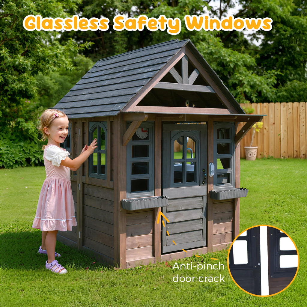 COCLUB Maison de jeu d’extérieur pour enfants de 4 à 8 ans, maison en bois avec sonnette, téléphone et jouets de cuisine, équipement de jeu extérieur pour enfants, maison pour filles (45L x 65H), blanc et noir