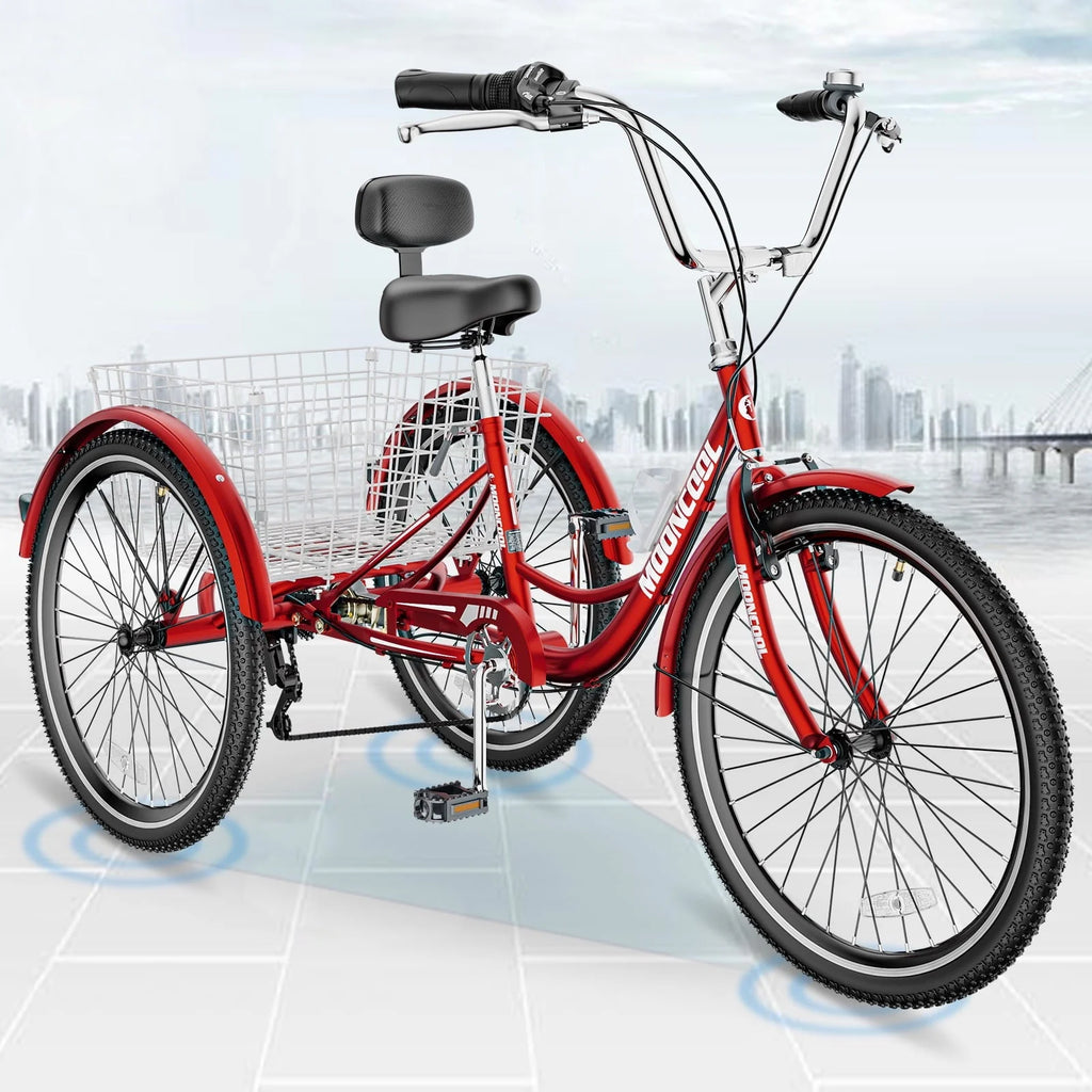 MOPHOTO 24 Tricycle pour adulte, Vélo à 3 roues 7 vitesses avec panier pour les courses, l'exercice, Tricycle avec selle réglable pour hommes, femmes et seniors