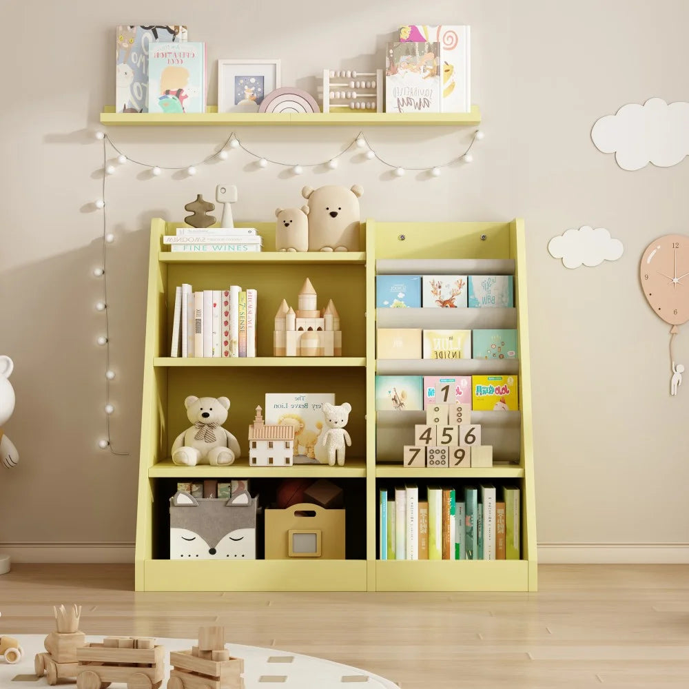 IVV Bibliothèque Montessori pour enfants, Bibliothèque moderne en bois à 4 niveaux, Étagère à livres et jouets pour enfants, Support d’étagère en tissu, Pour salle de classe, chambre, chambre de bébé ou salle de jeux (Rose)