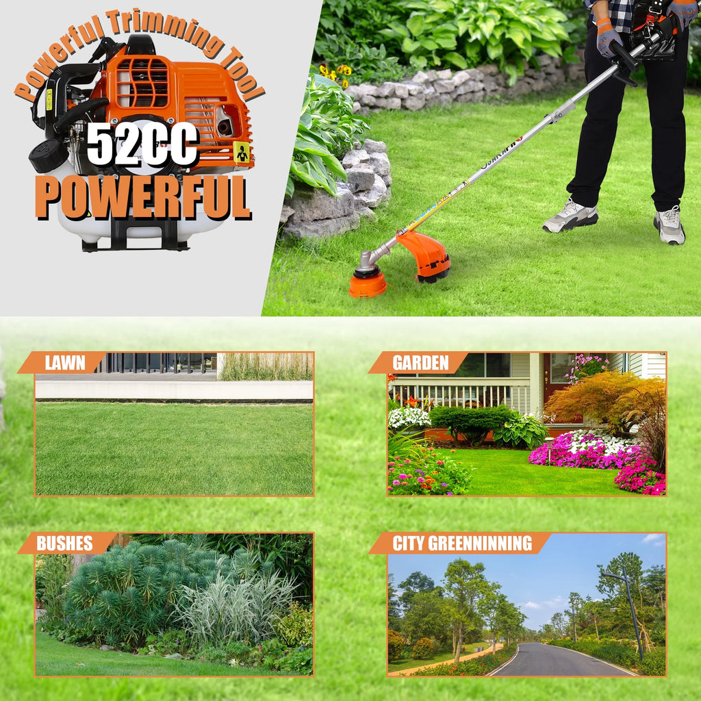 Coupe-bordures à essence 52 cm³, Sesslife 4-en-1 avec tronçonneuse télescopique, taille-haie, coupe-herbe, débroussailleuse, tondeuse à gazon 2 temps avec vilebrequin complet pour jardin, orange