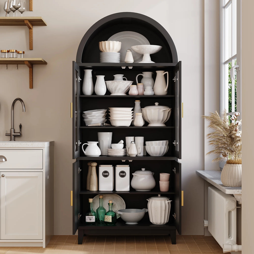 VEANERWOOD 71 Armoire haute cintrée, meuble de rangement de cuisine en bois cannelé avec 4 portes et 6 étagères pour salle à manger et salon