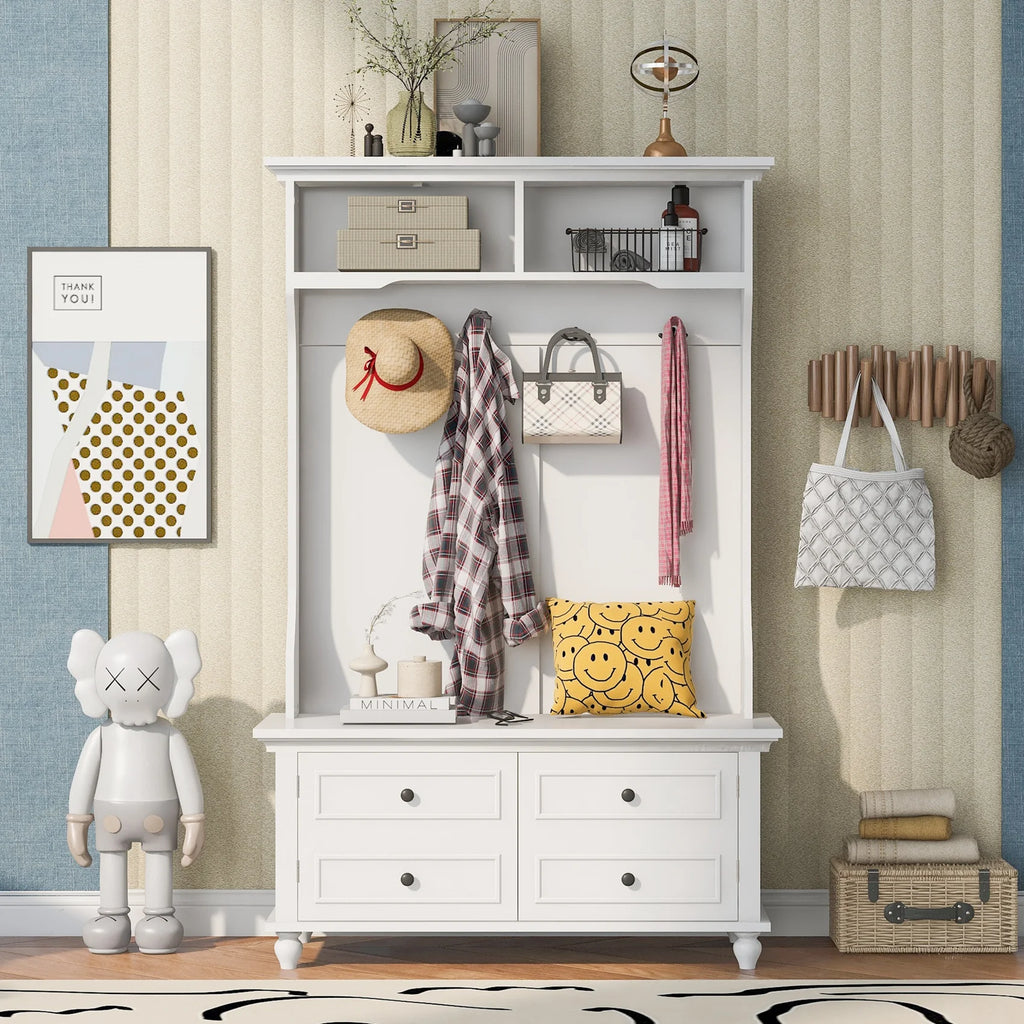 Vestiaire d’entrée avec banc rembourré et patères, banc d’entrée avec 3 crochets, 3 étagères ouvertes, 2 tiroirs et placards de rangement, banc de vestibule avec rangements et crochets pour entrée, vestibule ou couloir (beige)