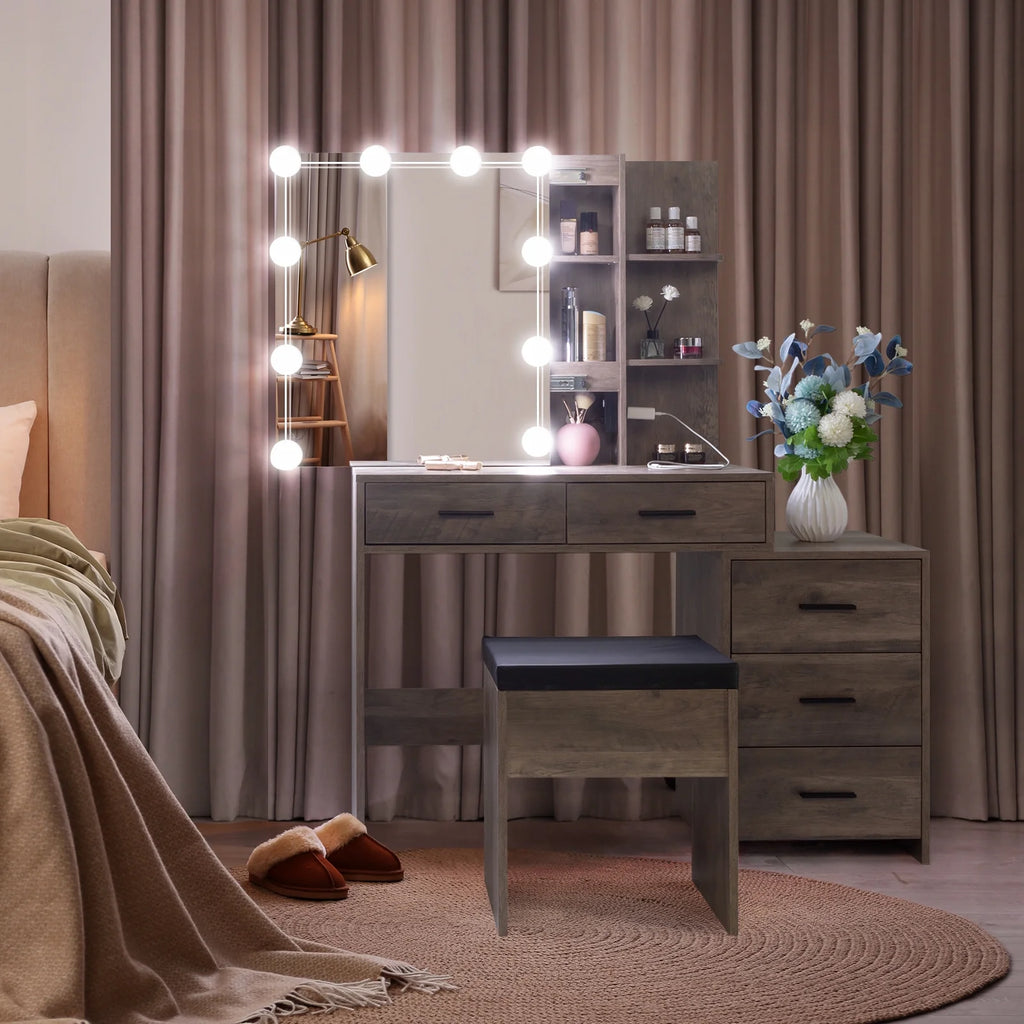 Coiffeuse Ktaxon avec miroir éclairé à 3 couleurs & station de charge, table de maquillage avec 3 étagères de rangement & tiroirs, bureau de toilette avec tabouret, gris rétro