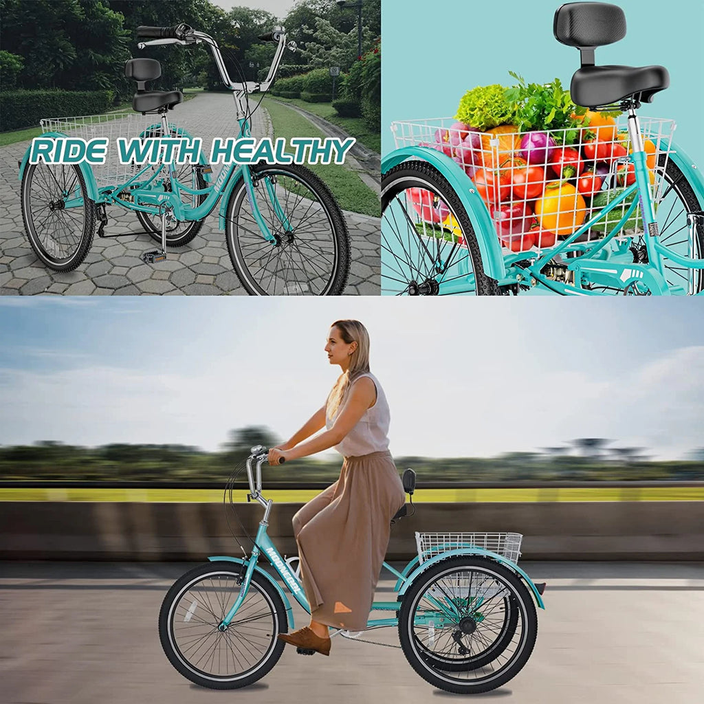 Tricycle pour adulte 20/24/26 pouces 7 vitesses, Vélo à trois roues pour adulte, Trike Cruiser avec outils & grand panier pour exercice, courses, pique-nique, activités de plein air