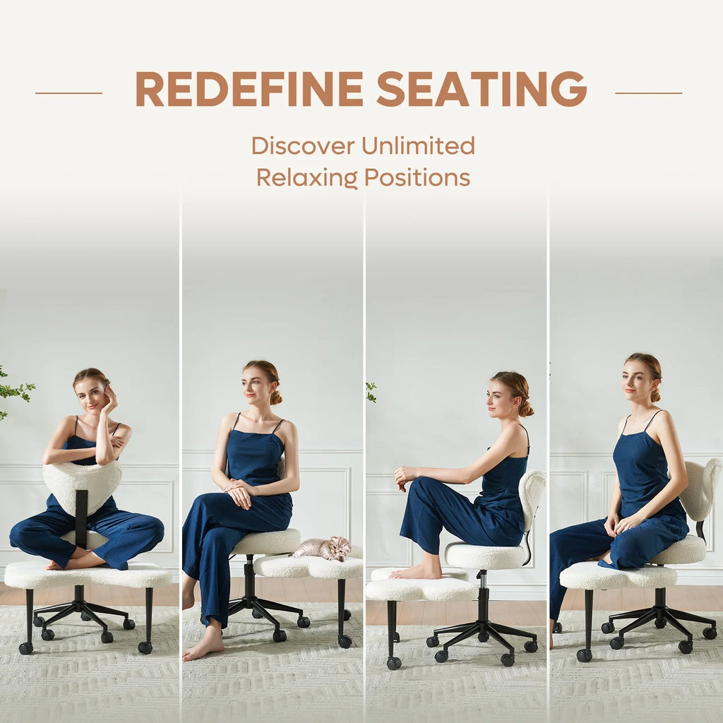 Chaise ergonomique pivotante pour position en tailleur Pinmoco, hauteur réglable et tissu bouclette, chaise de méditation et pour TDAH avec soutien dorsal, pour la maison et le bureau, blanc cassé