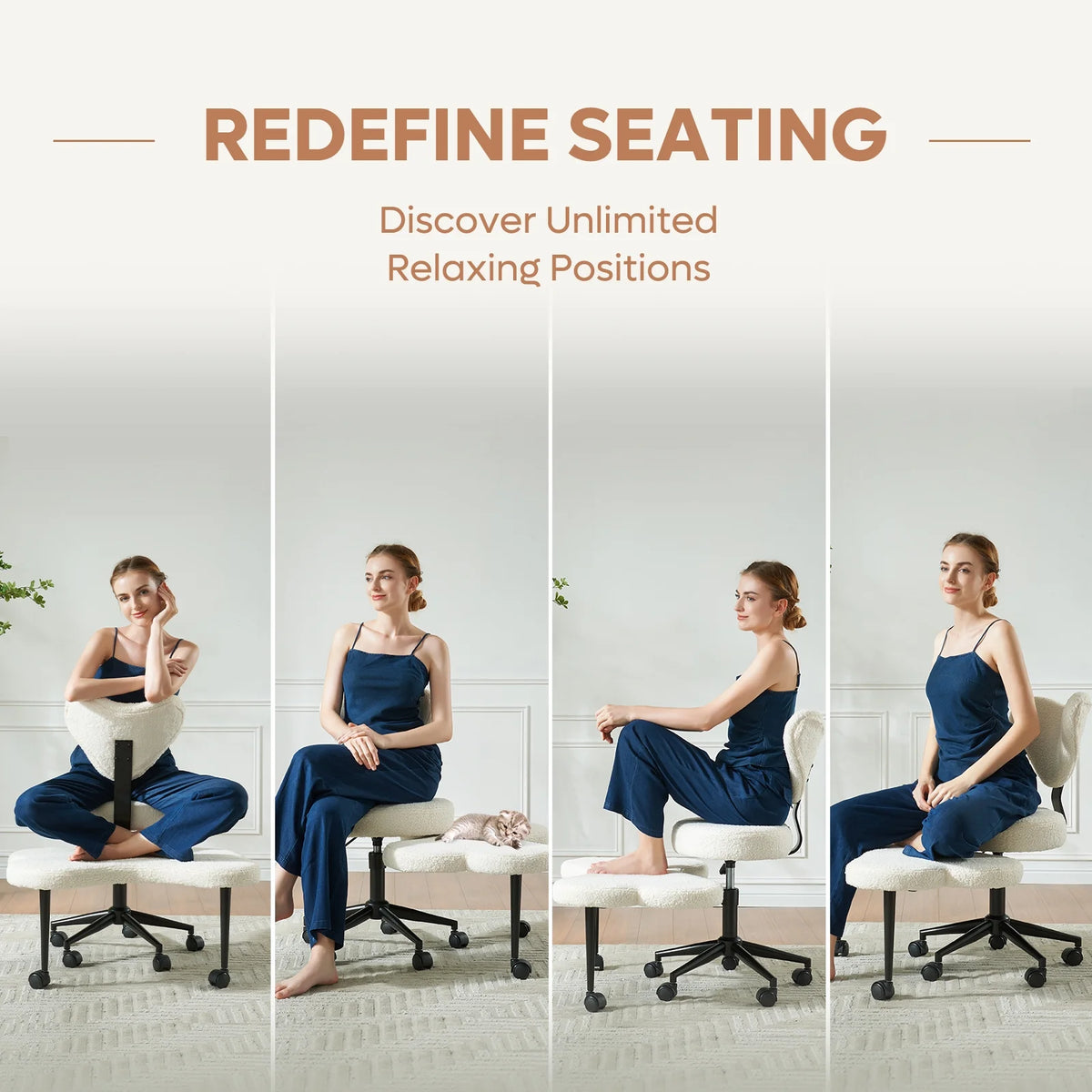 Chaise ergonomique pivotante pour position en tailleur Pinmoco, hauteur réglable et tissu bouclette, chaise de méditation et pour TDAH avec soutien dorsal, pour la maison et le bureau, blanc cassé