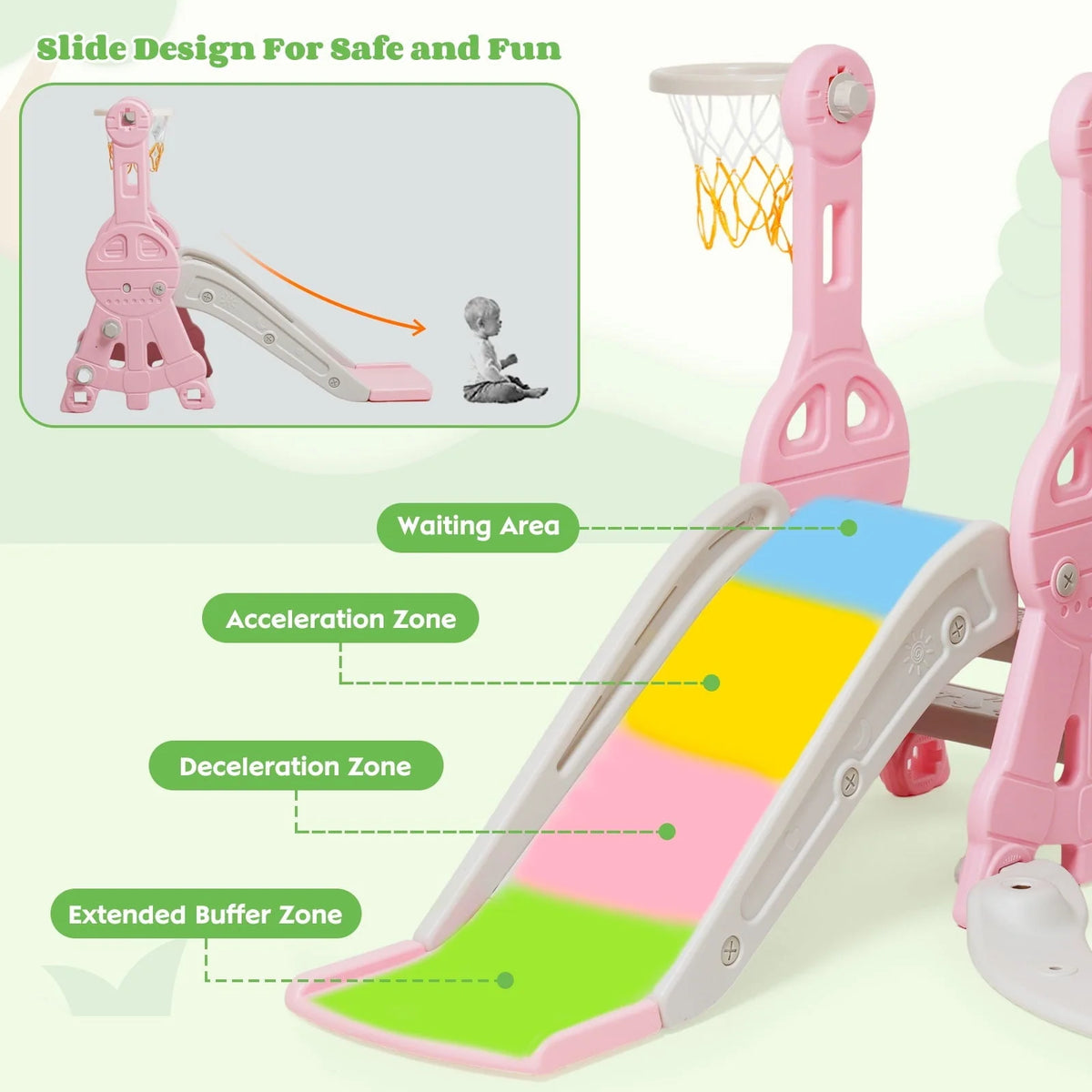 Ealing   Ensemble toboggan et balançoire 4 en 1 pour tout-petit   Structure de jeu avec toboggan d'intérieur et d'extérieur pour bébé   avec panier de basket-ball & Toboggan balançoire de jardin pour garçons et filles Longueur du toboggan : 11,02' L Rose
