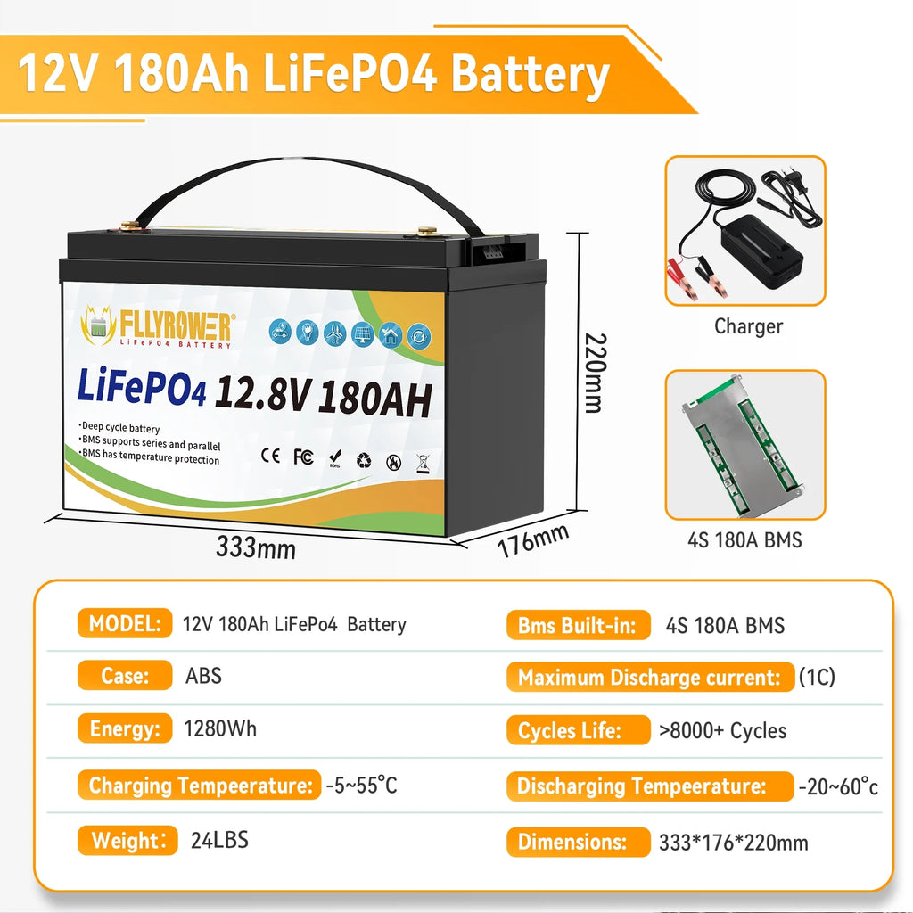 Batterie LiFePO4 12V 180Ah avec Chargeur,pour Moteur électrique Camping-car Marine Solaire Hors réseau Bateau,Batteries 15000+ Cycles profonds