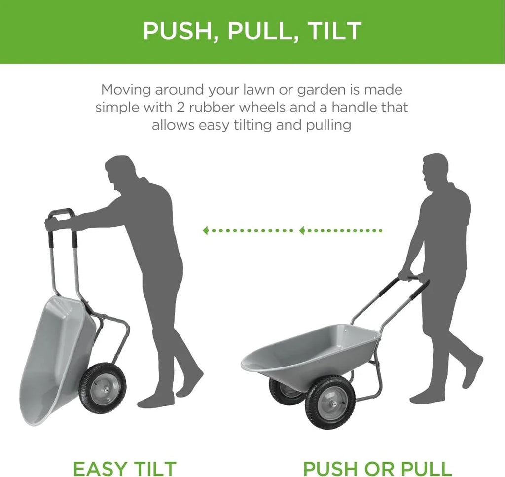 ZZJP Brouette de jardin utilitaire à deux roues pour la maison, avec béquille intégrée, pour pelouse, jardinage et construction - Grise