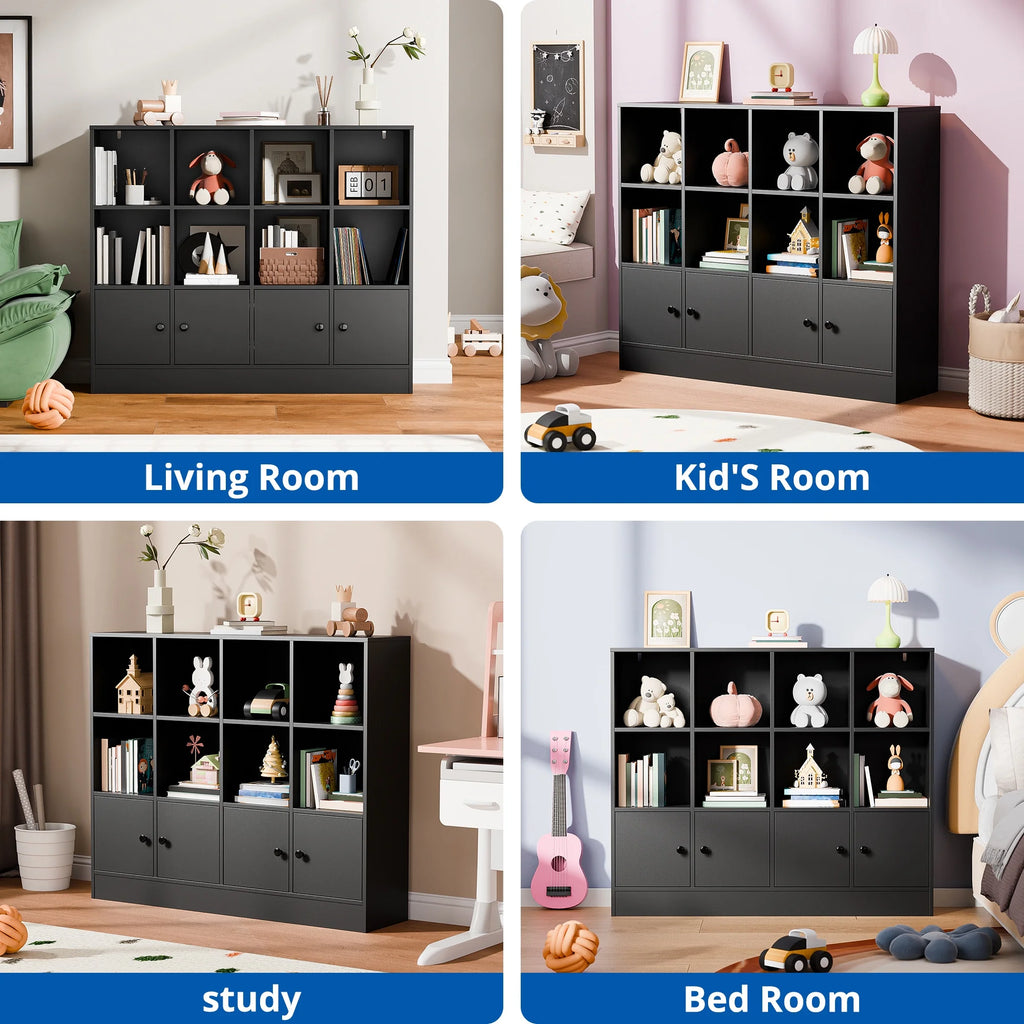 Bibliothèque ouverte à 3 niveaux Cozy Castle avec 12 cubes et 4 portes, étagères réglables, blanche