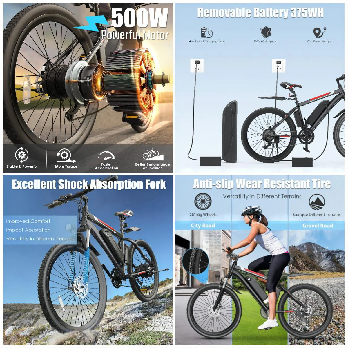 Vélo électrique Elifine 500W pour adultes, vélo électrique tout-terrain 26 avec 5 modes de conduite, batterie 48V 7,8Ah, Shimano 21 vitesses & 19,8 mph vélo électrique urbain en alliage d'aluminium jusqu'à 50 miles