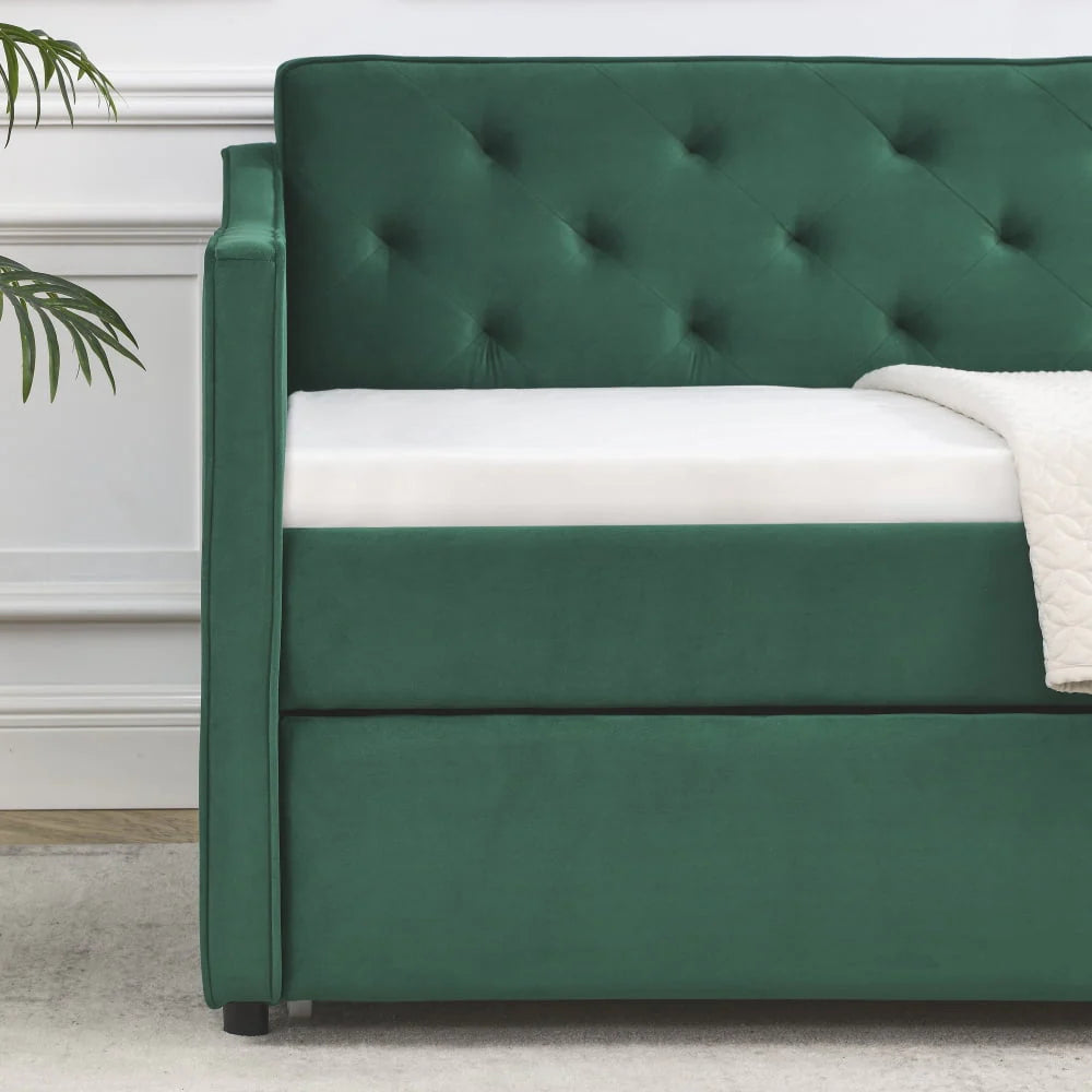 Lit de repos 1 place avec lit gigogne, cadre de lit moderne capitonné à boutons et rembourré en lin, avec lit gigogne coulissant, meuble de chambre à coucher, salon ou chambre d’amis, vert