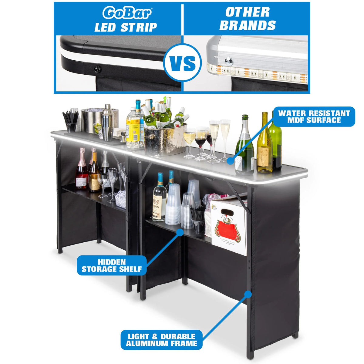 Ensemble de table de bar double portable GoBar avec éclairage LED multicolore - Station mobile de barman pour événements - Valise de transport incluse