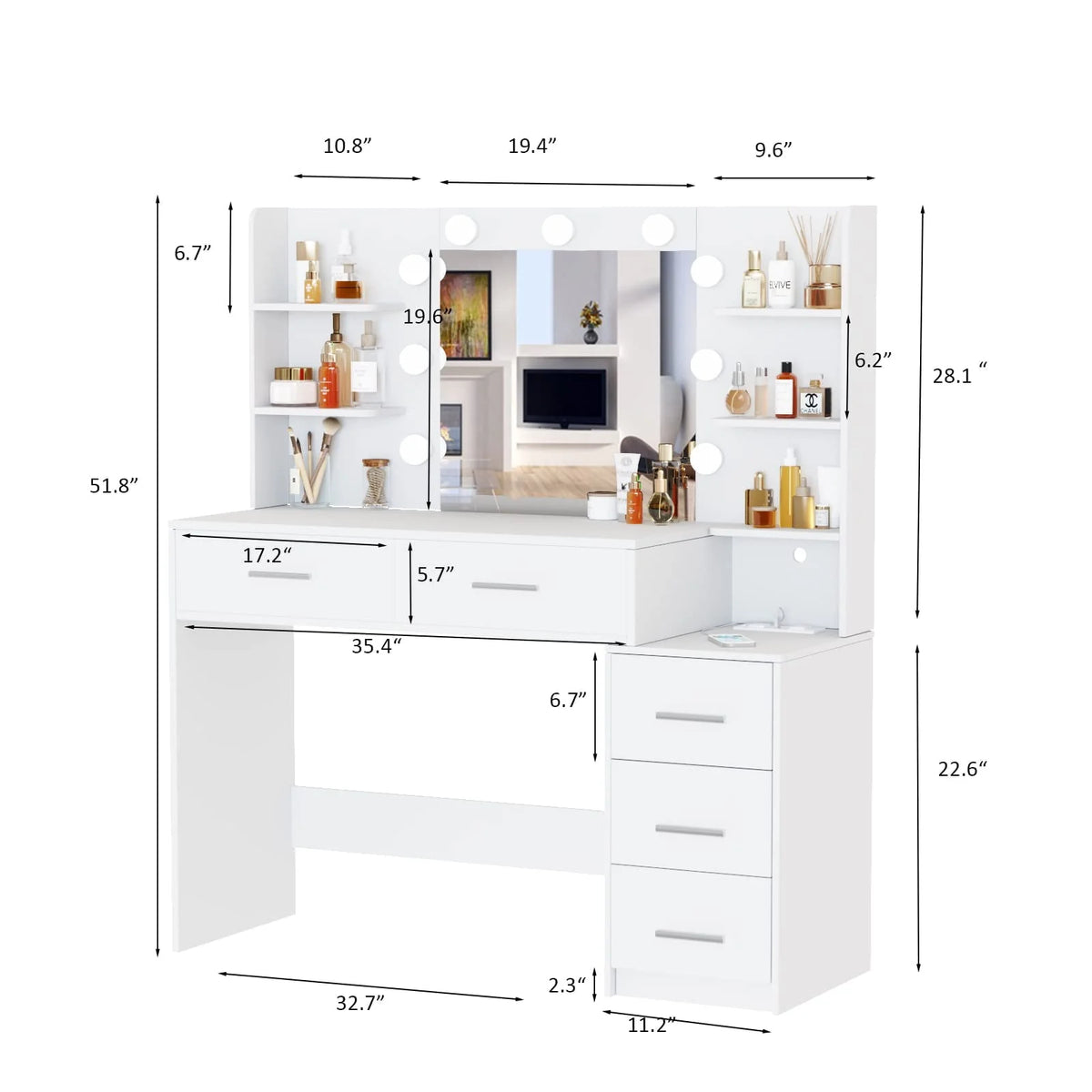 Coiffeuse de maquillage avec miroir et éclairage, 3 couleurs de lumière, table de toilette pour chambre avec station de charge, coiffeuse blanche avec 5 tiroirs de rangement et étagères ouvertes