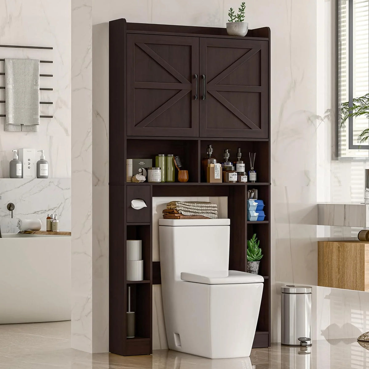 Meuble de rangement Vabches au-dessus des toilettes avec porte-papier toilette, avec étagère réglable et 2 portes