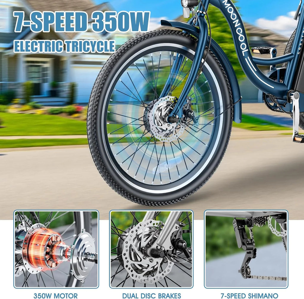 Tricycles électriques ABORON 24 26, batterie au lithium 36 V 10 Ah 350 W, triporteur électrique 7 vitesses pour adultes avec grand panier arrière et siège réglable
