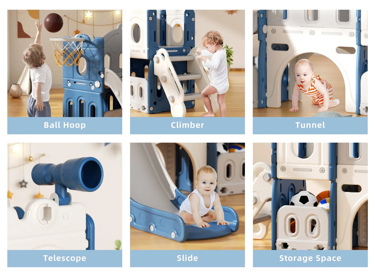 KORIMEFA Ensemble toboggan 8 en 1 pour enfants avec structure d’escalade, toboggan d’escalade pour tout-petits avec panier de basket, tunnel, aire de jeux extérieure et intérieure pour tout-petits, toboggan d’escalade, dès 1 an