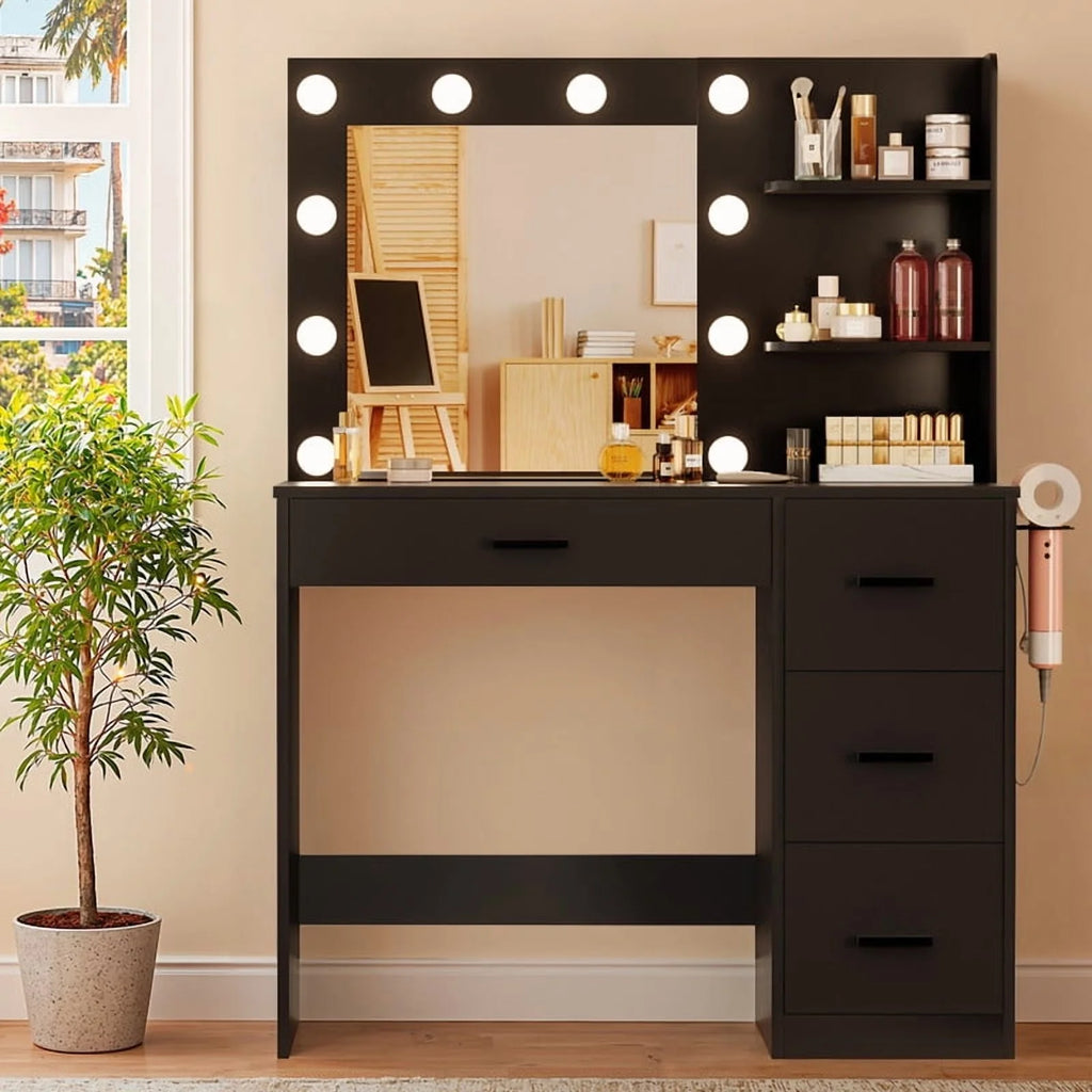 Coiffeuse Lacoo avec miroir et éclairage LED, coiffeuse de maquillage avec 7 tiroirs et 4 étagères, table de toilette avec prise électrique pour chambre ou dressing, blanc