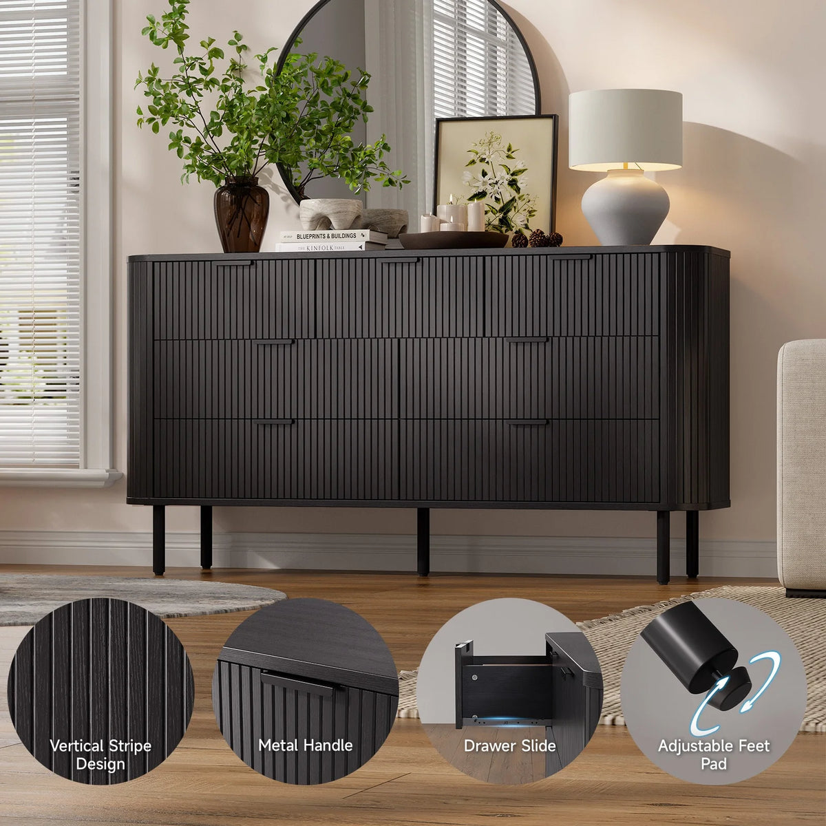 Commode cannelée à 7 tiroirs pour chambre, largeur 60 pouces, moderne, en bois, avec poignées en métal, design aux lignes courbes – Idéale également comme meuble TV pour salon ou couloir, noir