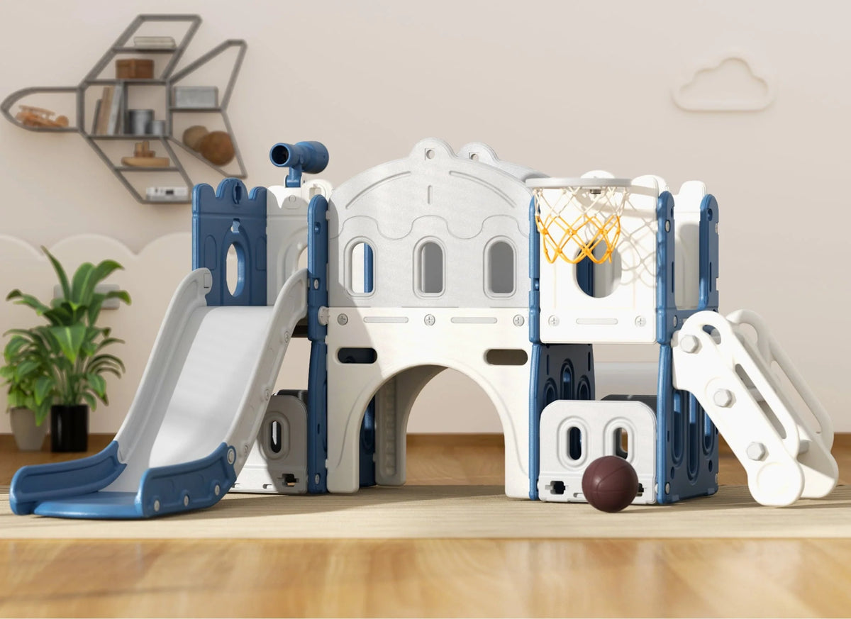 KORIMEFA Ensemble toboggan 8 en 1 pour enfants avec structure d’escalade, toboggan d’escalade pour tout-petits avec panier de basket, tunnel, aire de jeux extérieure et intérieure pour tout-petits, toboggan d’escalade, dès 1 an