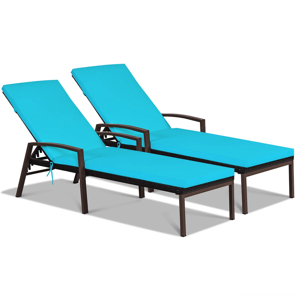 Costway Lot de 2 chaises longues de jardin en rotin, inclinables avec dossier réglable et coussinés, rouges