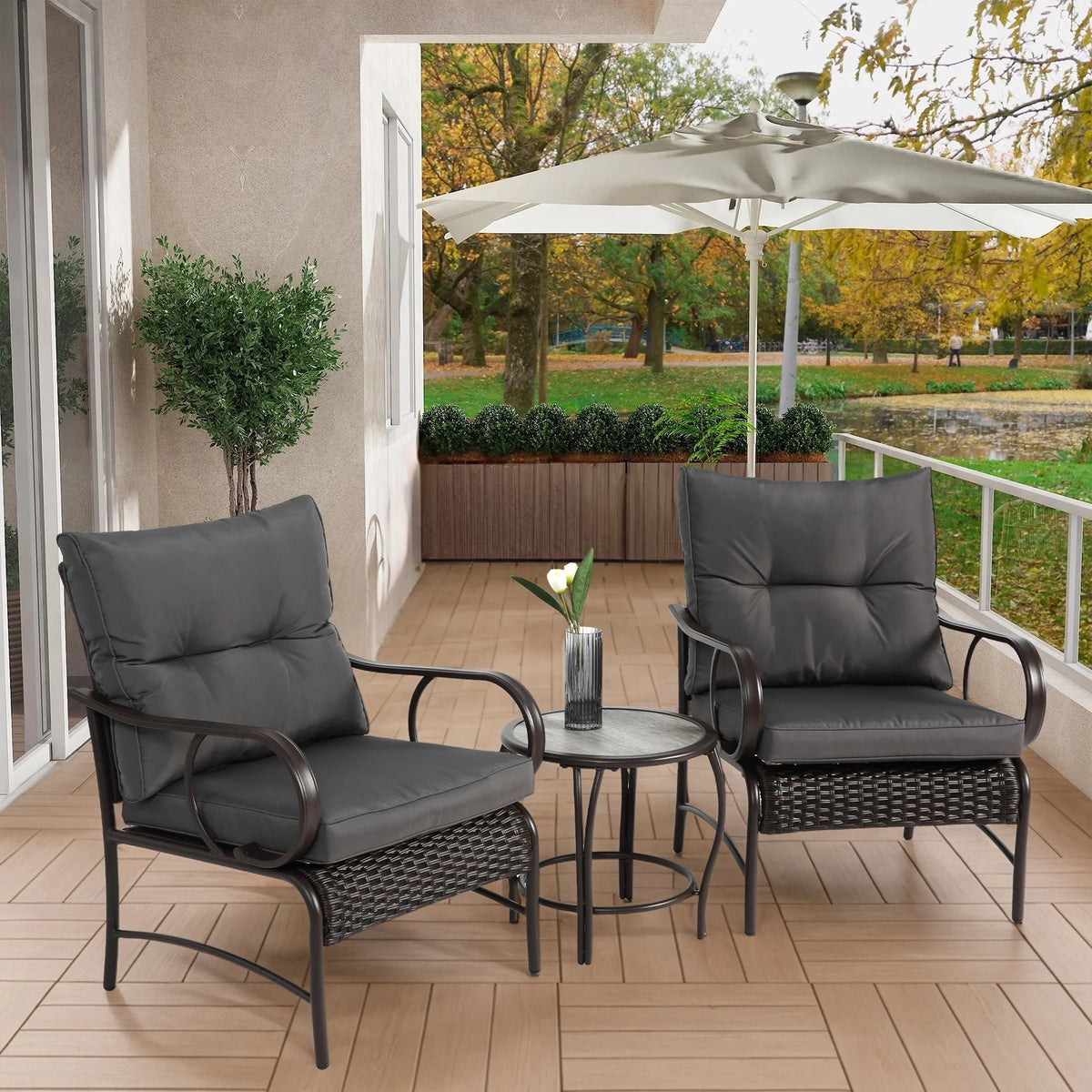 Ensemble de salon de jardin Villeston 3 pièces en résine tressée, avec 2 chaises et une table pour terrasse ou jardin, bleu