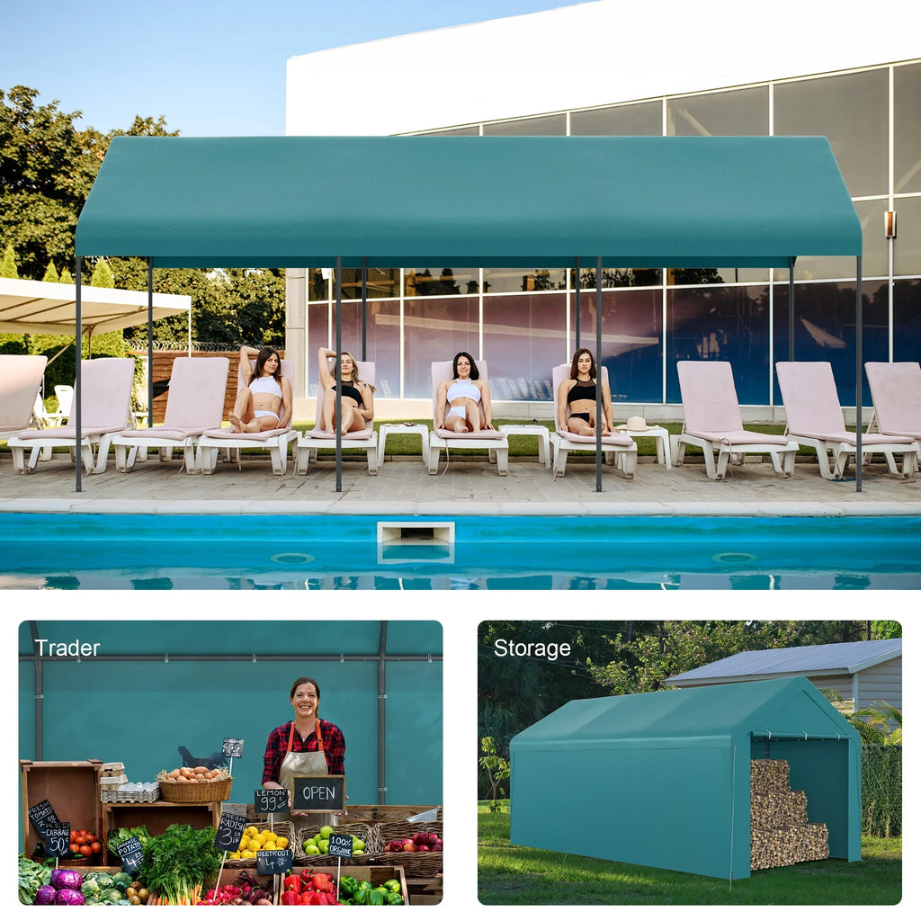 GOJOOASIS Carport, 10 x 20 Abri de voiture robuste avec paroi amovible, Garage portable en PE résistant à l'eau avec bâche toutes saisons Beige
