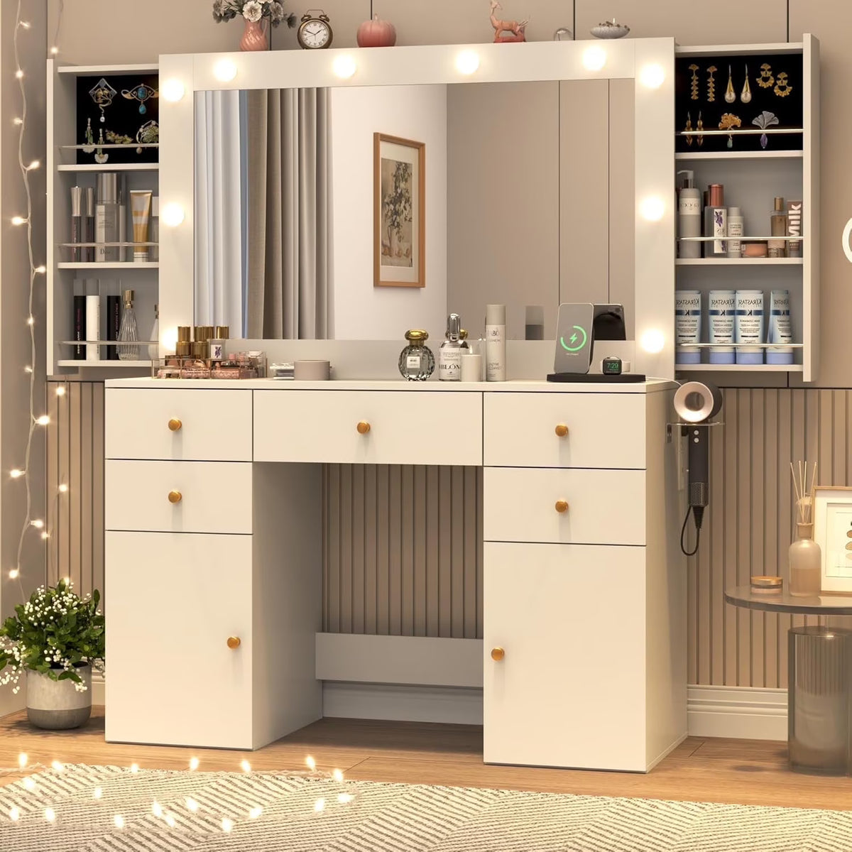 Coiffeuse blanche avec grand miroir lumineux et prise électrique, table de maquillage avec plateau en verre et tiroirs, rangement coulissant, grande coiffeuse de maquillage de 44,1 pour femmes et filles, blanche