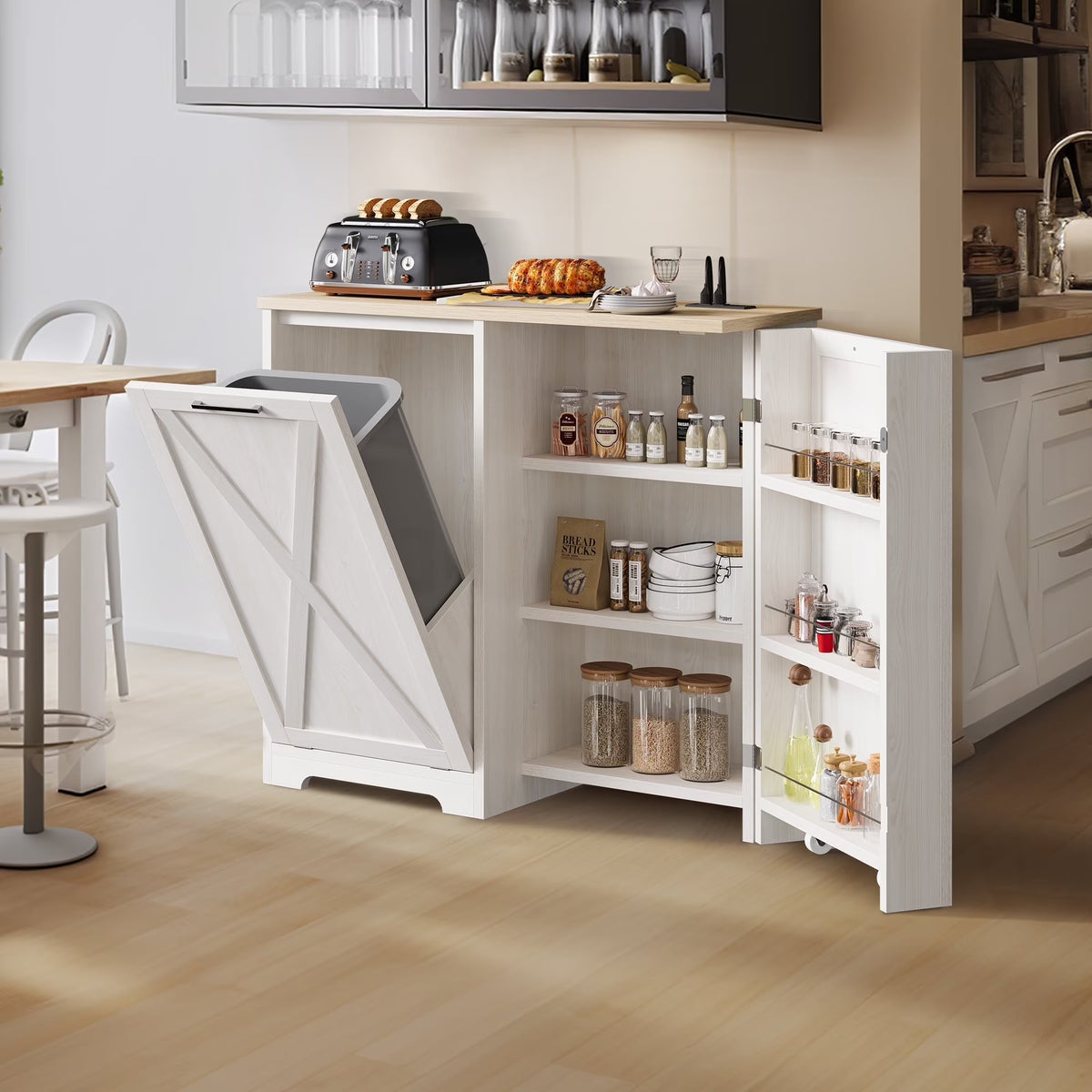DEXTRUS Meuble de cuisine basculant pour poubelle avec prise électrique, Poubelle sur pied de 13 gallons avec placard de rangement escamotable, Étagère réglable, Blanc