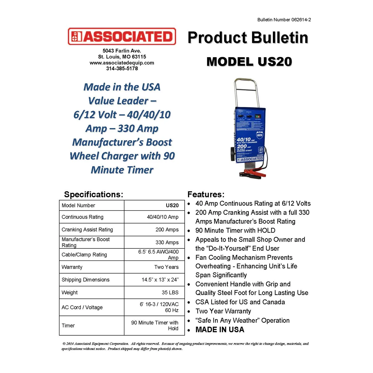 Chargeur de batterie automobile Associated Equipment US20 40 Ampères 6V-12V