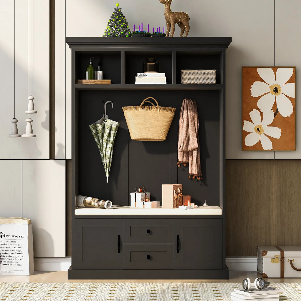 Vestiaire d’entrée avec banc rembourré et patères, banc d’entrée avec 3 crochets, 3 étagères ouvertes, 2 tiroirs et placards de rangement, banc de vestibule avec rangements et crochets pour entrée, vestibule ou couloir (beige)