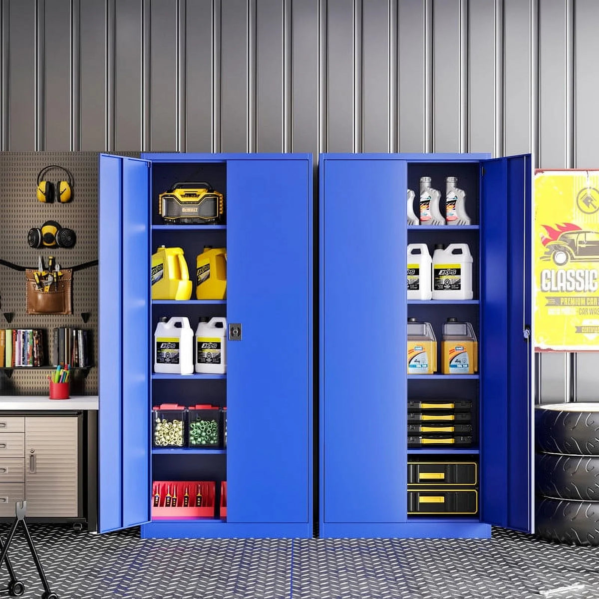 Armoire de rangement en métal Fesbos pour garage avec 2 portes et 4 étagères réglables - Classeur en acier verrouillable de 71, armoire à outils verrouillable pour bureau, maison, garage, salle de sport (Bleu)