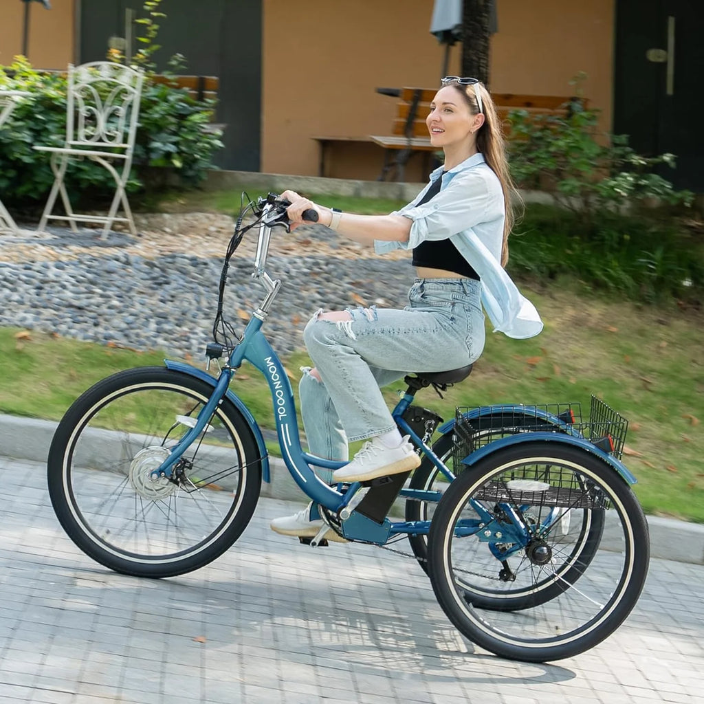 Tricycles électriques ABORON 24 26, batterie au lithium 36 V 10 Ah 350 W, triporteur électrique 7 vitesses pour adultes avec grand panier arrière et siège réglable