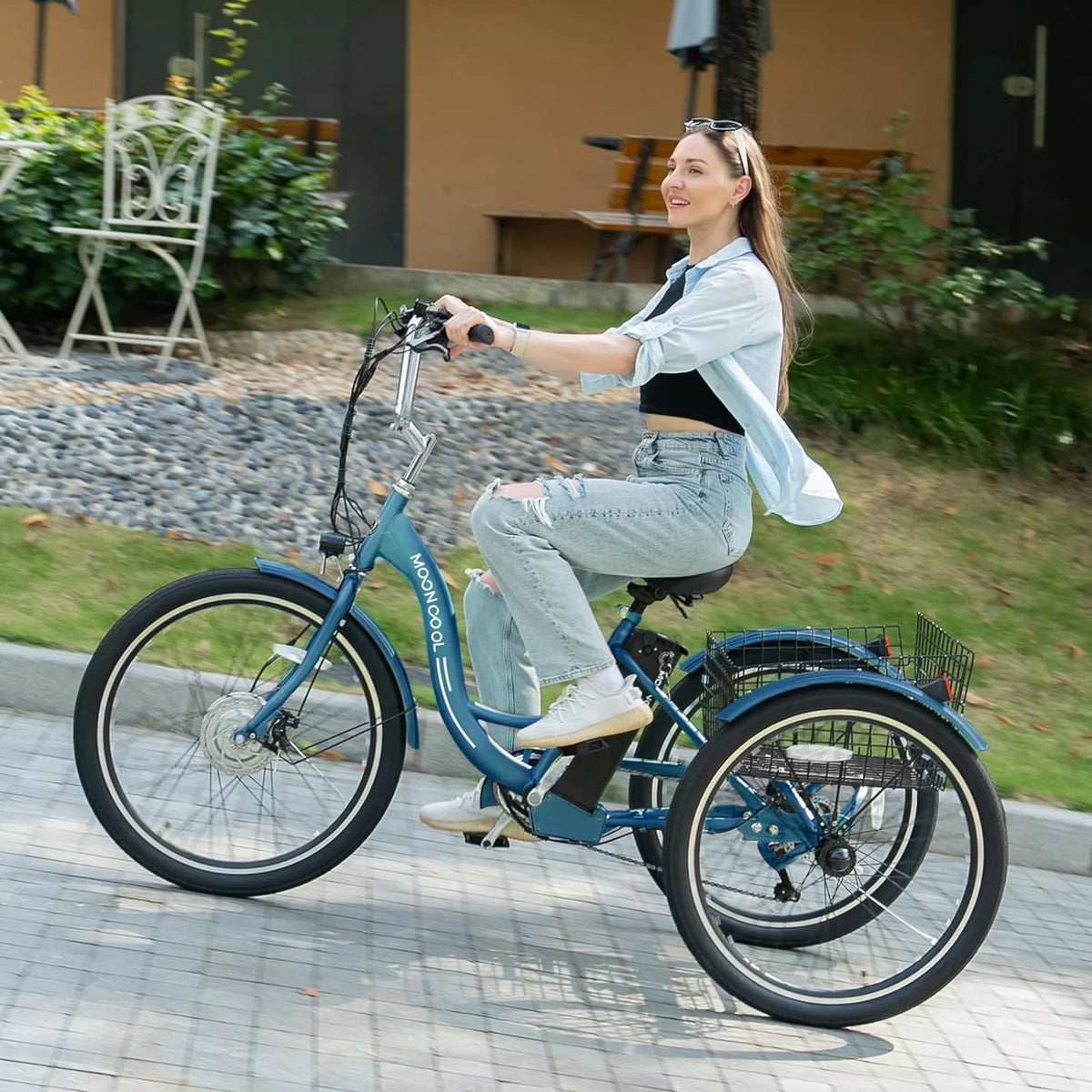 Tricycles électriques ABORON 24 26, batterie au lithium 36 V 10 Ah 350 W, triporteur électrique 7 vitesses pour adultes avec grand panier arrière et siège réglable