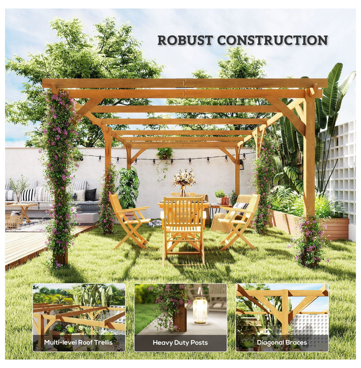 Pergola en bois 20x10 pieds, tonnelle de jardin pour vigne - Marron foncé